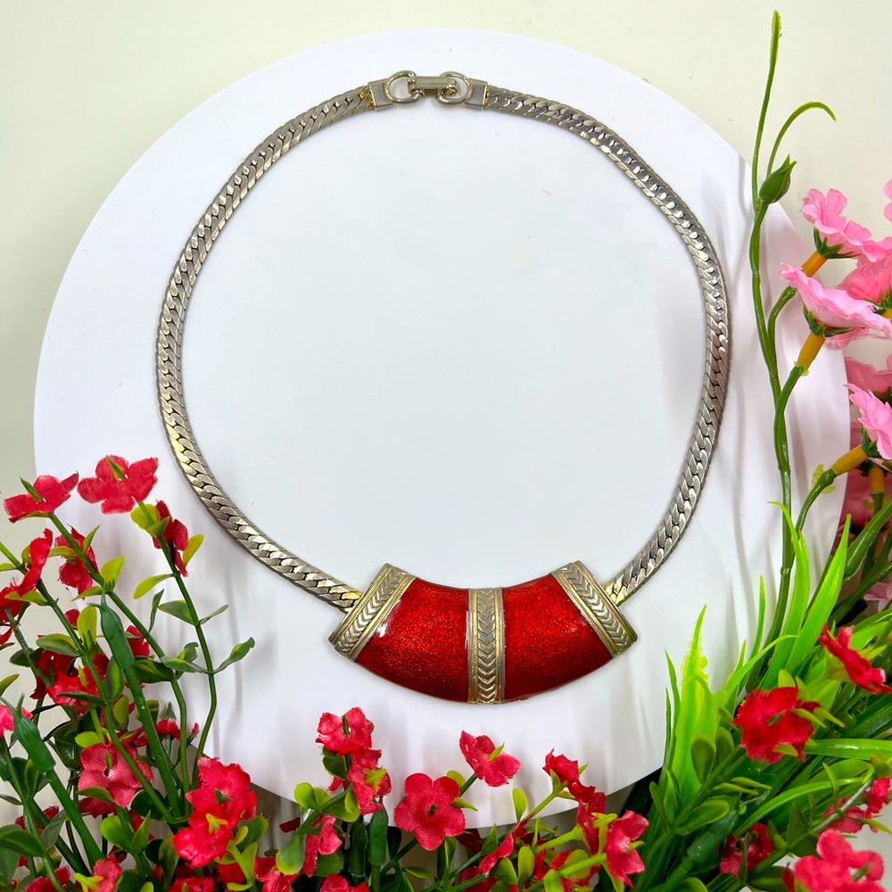 Red Enamel Vintage Collar Style Silver Plated Necklace